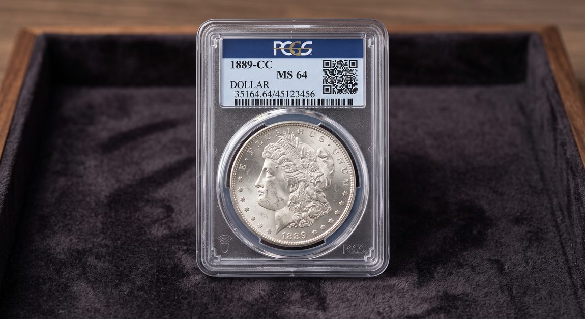 1889-CC Morgan Silver Dollar graded PCGS MS 64 in display slab