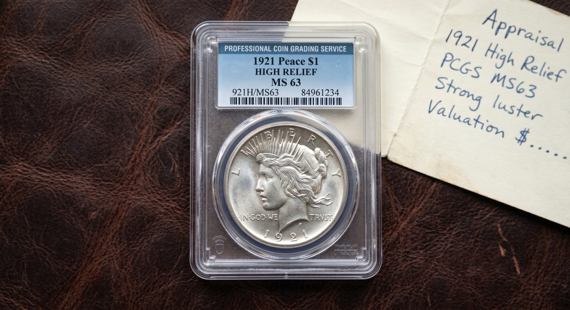 1921 High Relief Peace Silver Dollar in PCGS MS 63 slab