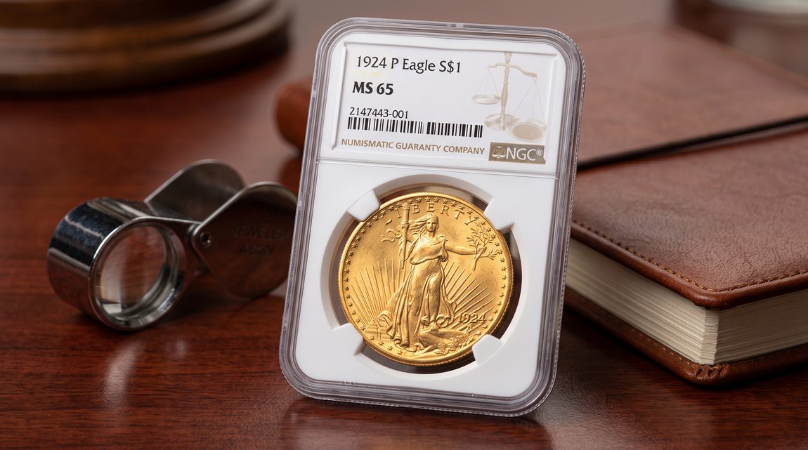 1924 Saint-Gaudens $20 gold coin graded NGC MS 65 next to a jeweler's loupe