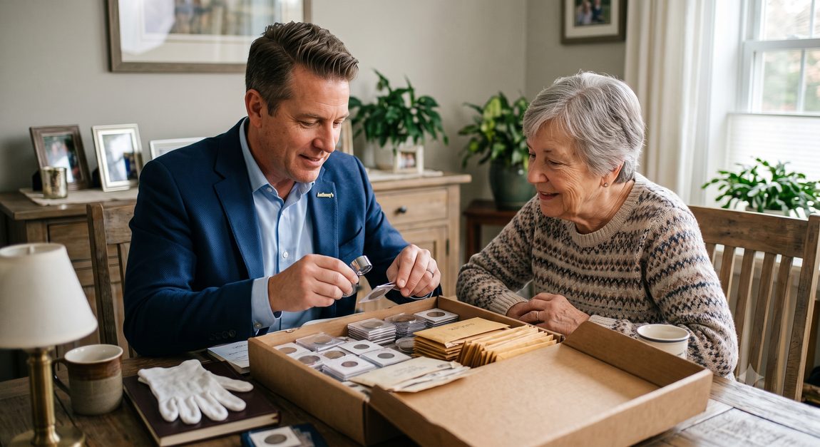 An Anthony's representative reviewing a client's coin collection together at her dining room table