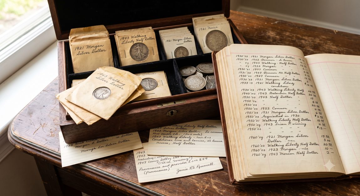 Inherited coins stored in aged paper envelopes inside a wooden box, alongside a handwritten ledger and index cards
