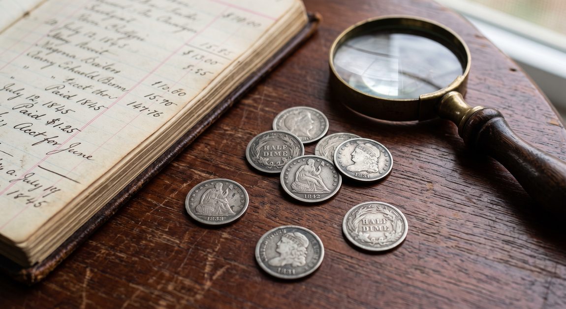 Antique early American silver half dimes with a magnifying glass and handwritten ledger on a mahogany table
