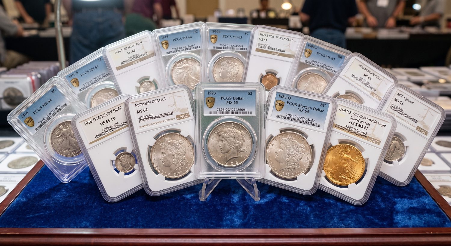 Certified U.S. coins including Morgan, Peace, and Double Eagle fanned out on a blue velvet mat in PCGS and NGC holders