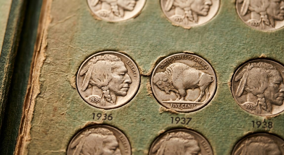 Close-up of vintage American Buffalo Nickels in a collector's album