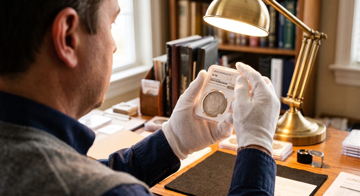 Coin dealer evaluating an 1893-S Morgan Silver Dollar graded NGC VF 30