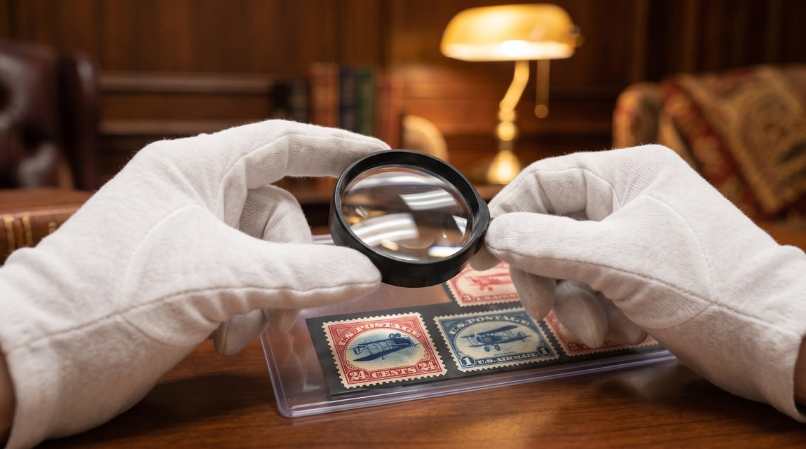 Gloved hands using a magnifying glass to examine rare vintage U.S. Airmail and inverted error stamps