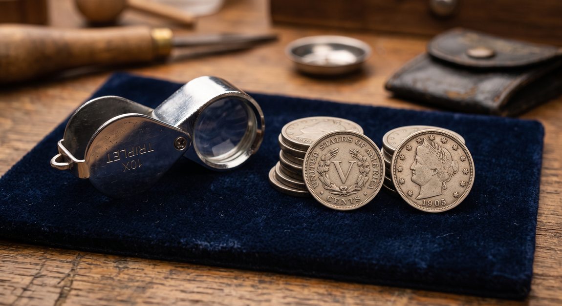 Jeweler's loupe next to vintage Liberty Head V nickels on a velvet appraisal mat