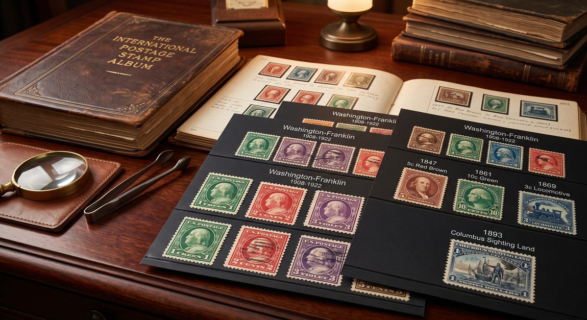 Vintage 19th-century U.S. stamp collection featuring Washington-Franklin profiles on a mahogany desk