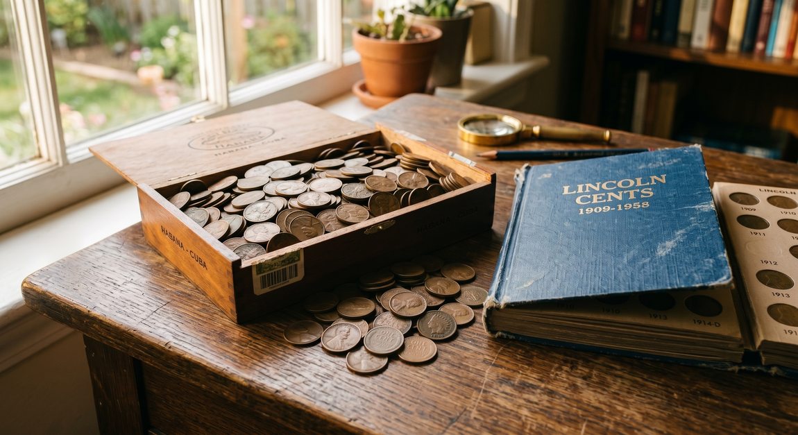 Vintage cigar box filled with copper pennies next to a Lincoln Cents coin album