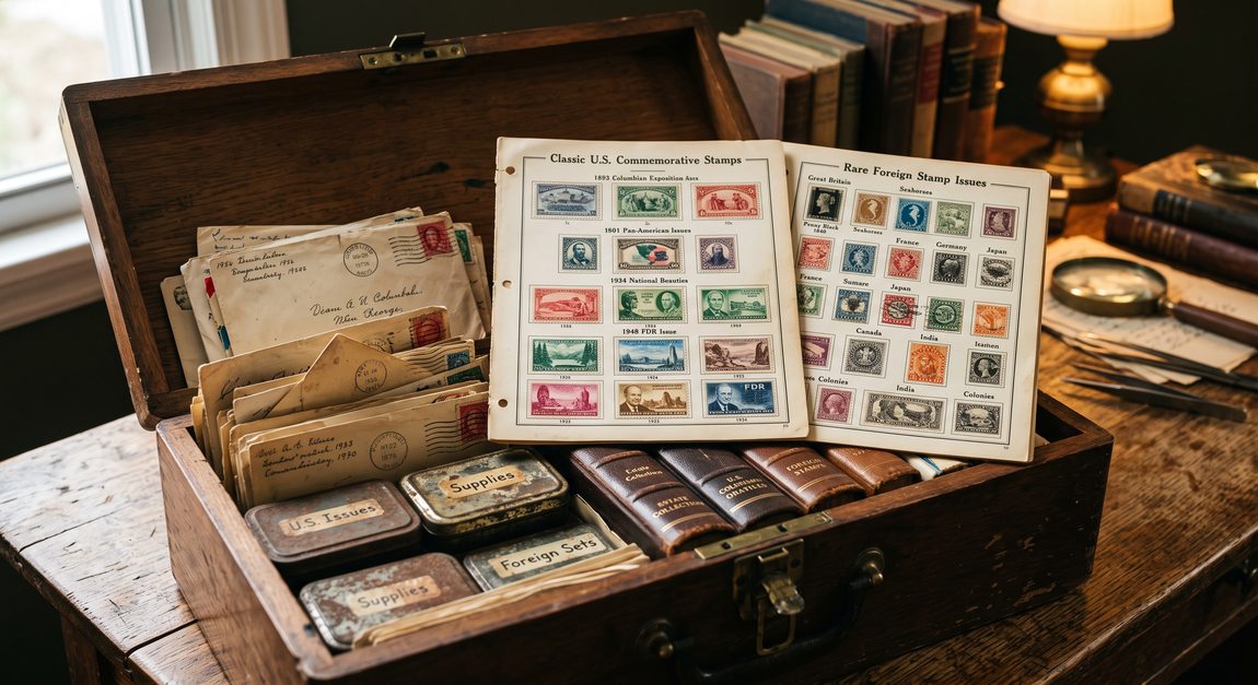 Vintage estate stamp collection in an antique wooden box featuring classic U.S. and rare foreign stamps