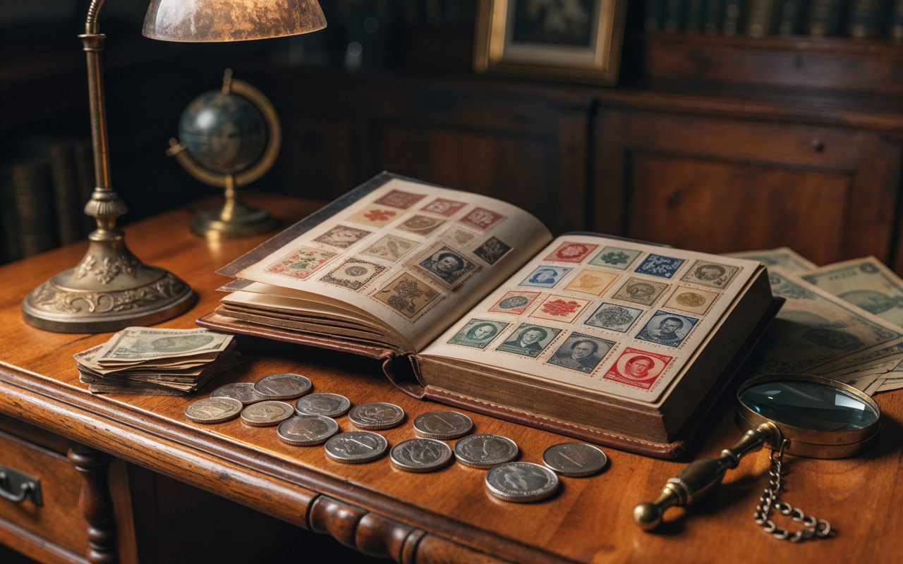 An open stamp album, silver coins, and paper money on an antique desk beside a brass lamp and globe