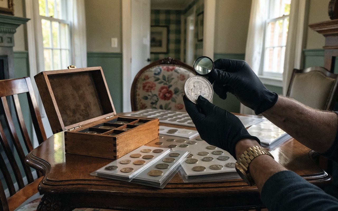 Gloved hands examining a silver coin with a loupe above trays of coins in a home dining room