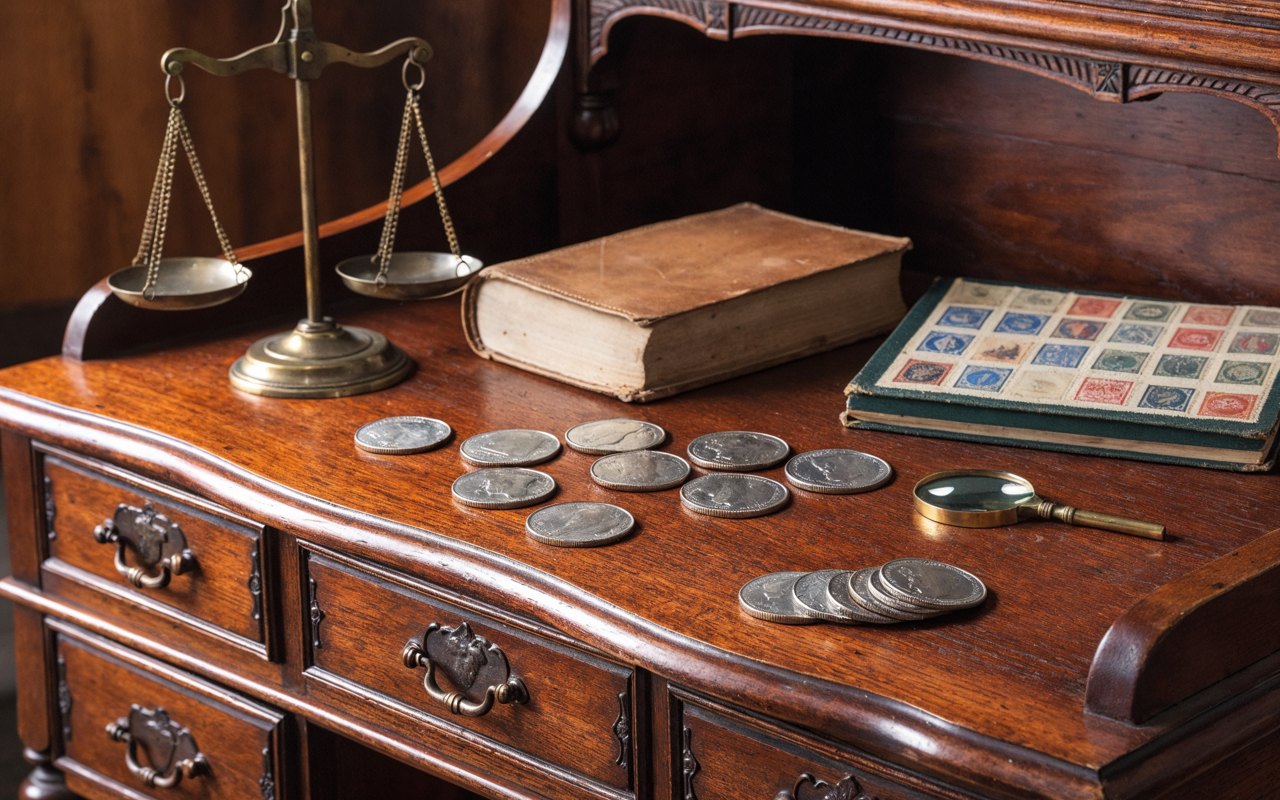 A brass balance scale, an old book, silver coins, and a stamp album on an antique wooden desk