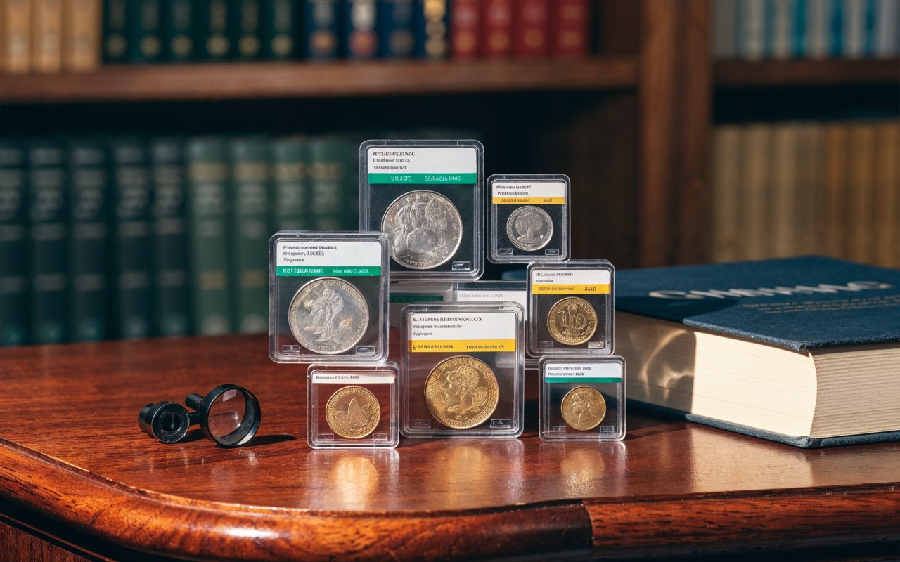 PCGS and NGC certified coin slabs and a jeweler's loupe on a desk in front of a bookshelf
