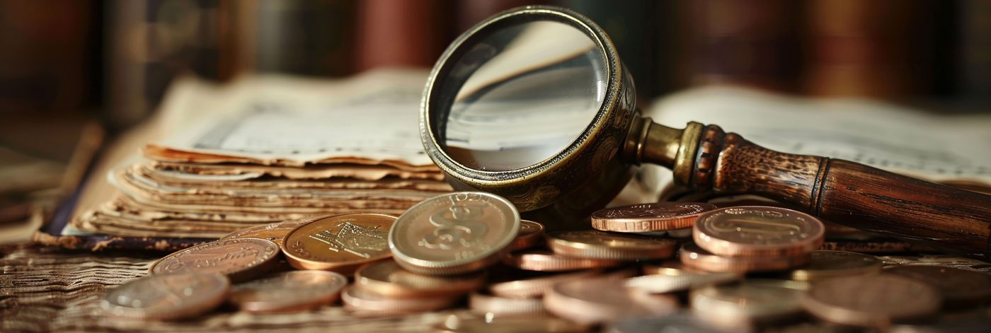 A magnifying glass over an old ledger and a pile of coins
