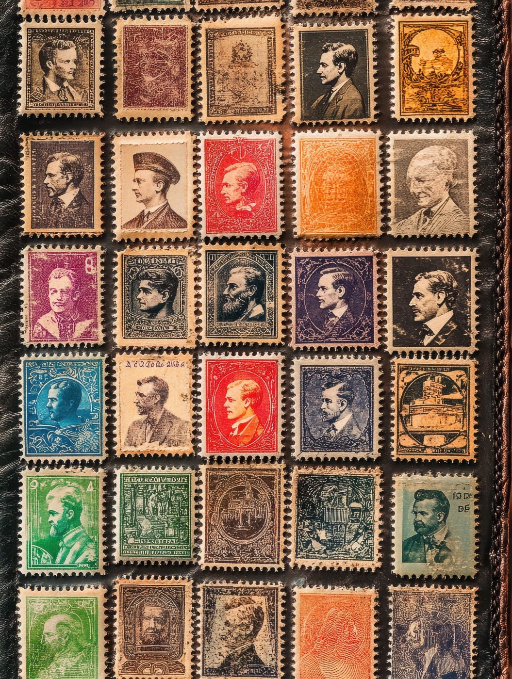 Rows of rare vintage stamps displayed in a leather-bound album