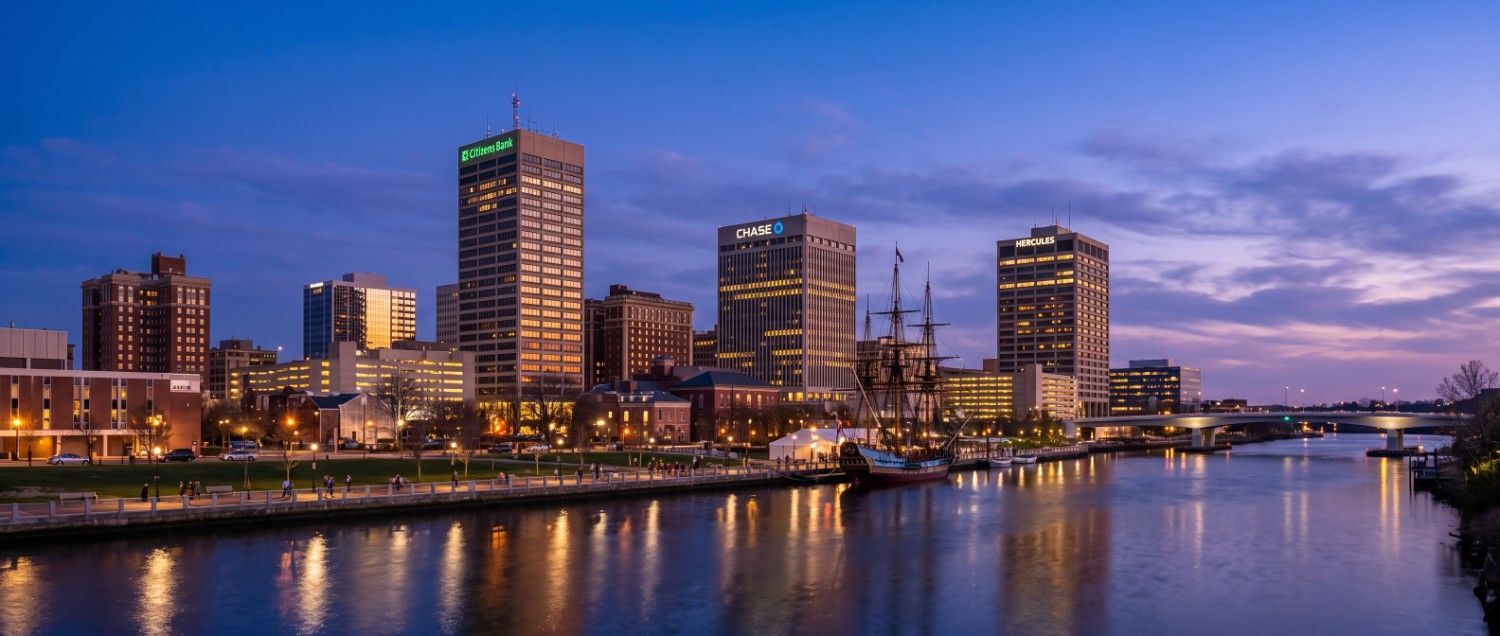 The Wilmington, Delaware skyline along the Christina River at dusk