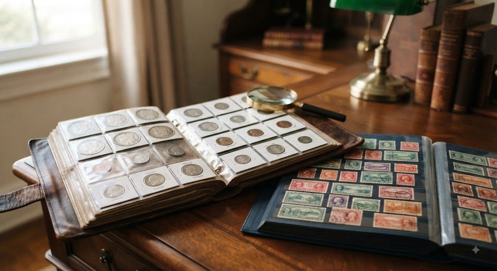 An open coin and stamp album on a desk with a magnifying glass and lamp