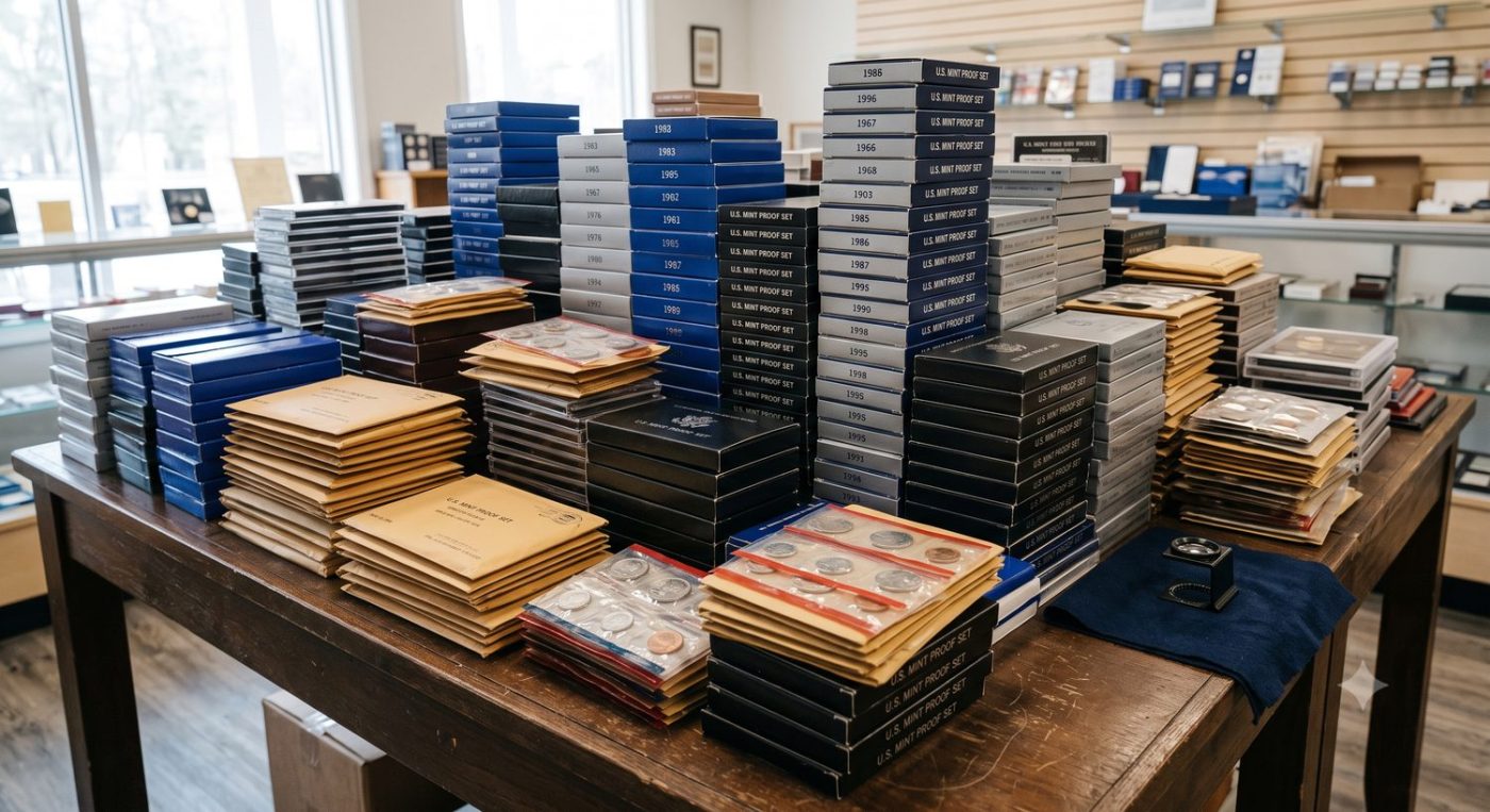 Stacks of U.S. Mint proof sets and coin holders on a table