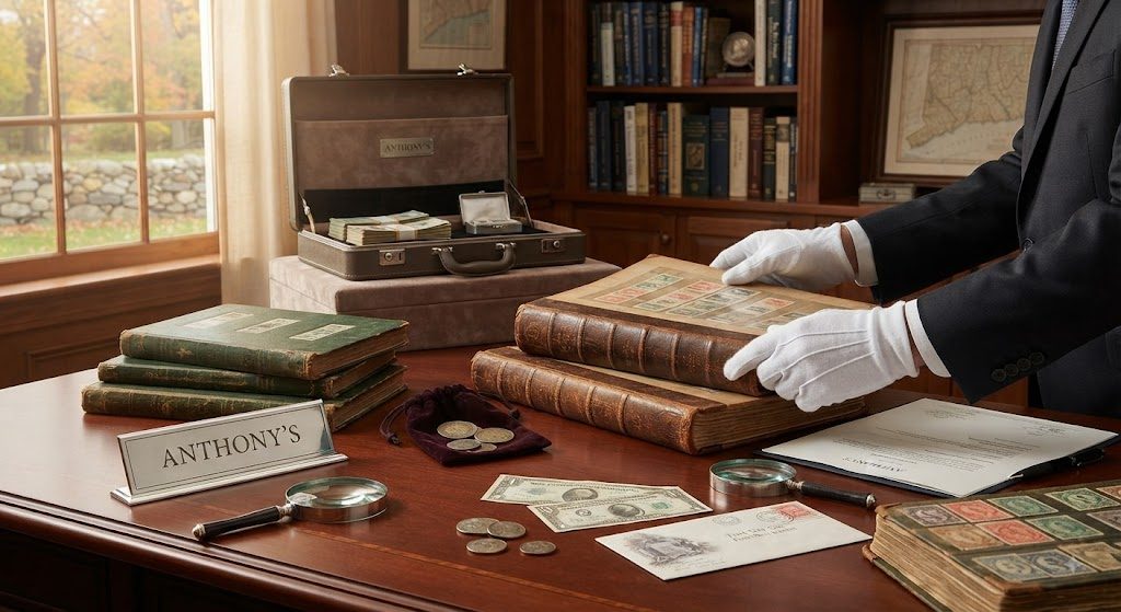 A white-glove handoff of a collector's briefcase and ledgers