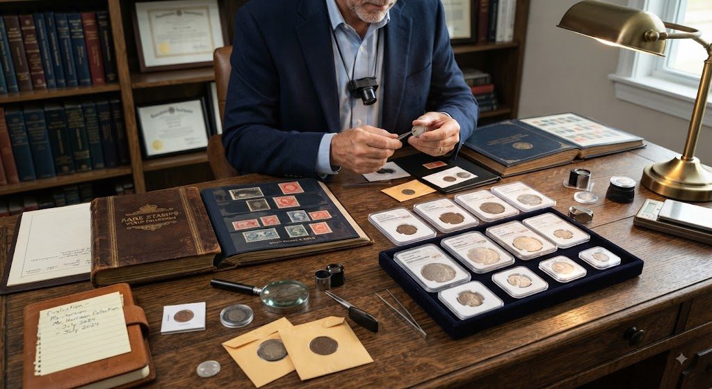 An appraiser reviewing coins and stamps at a desk