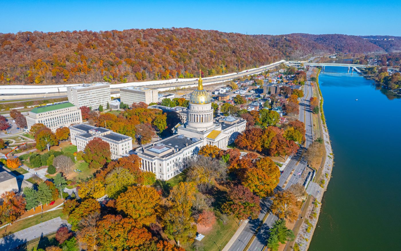 The West Virginia State Capitol in Charleston along the Kanawha River
