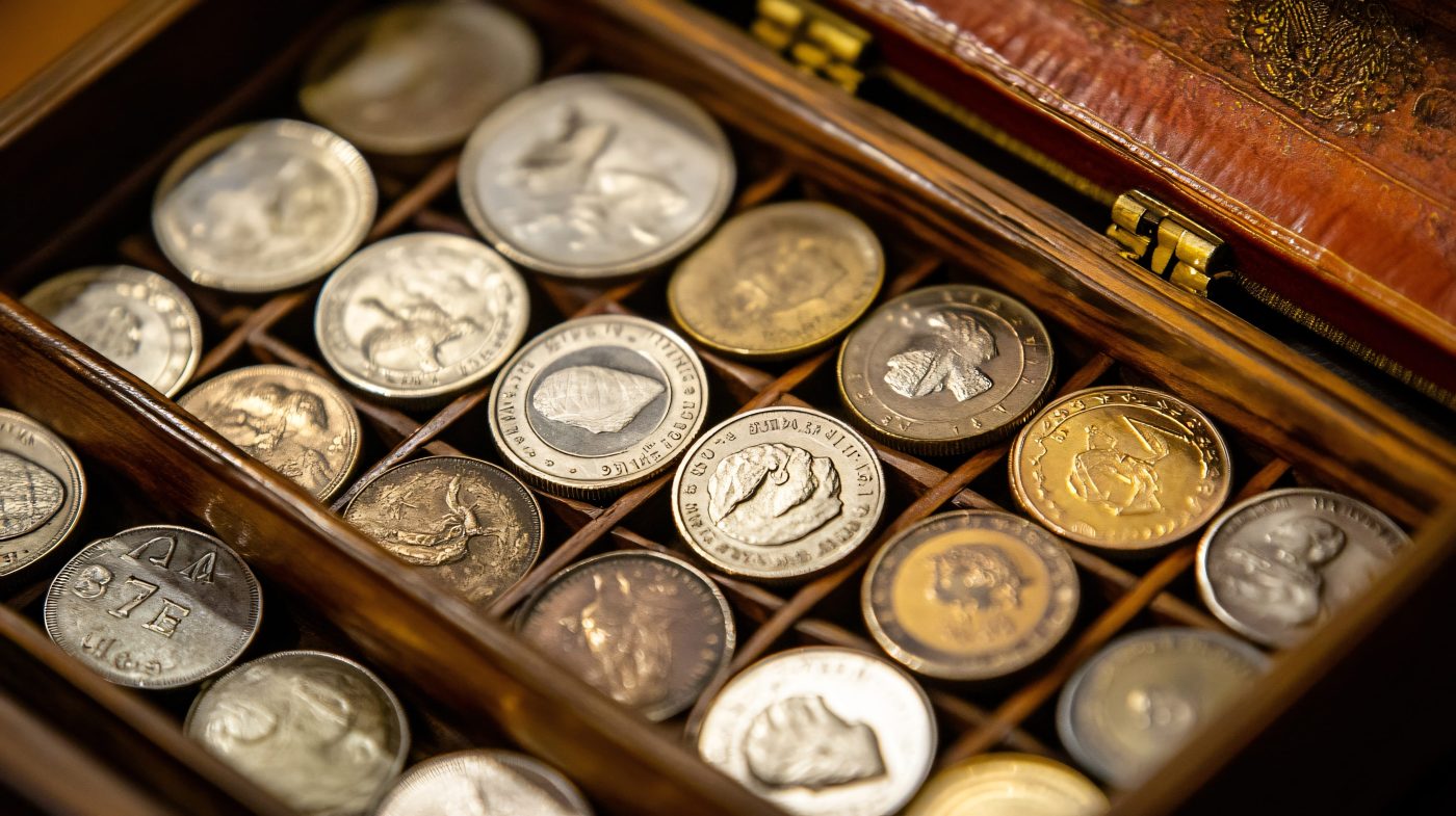 A vintage coin collection displayed in an ornate wooden box