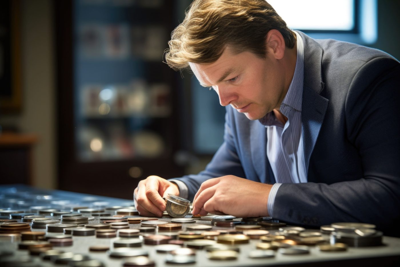 A collector examining coins with a loupe at a desk covered in coins