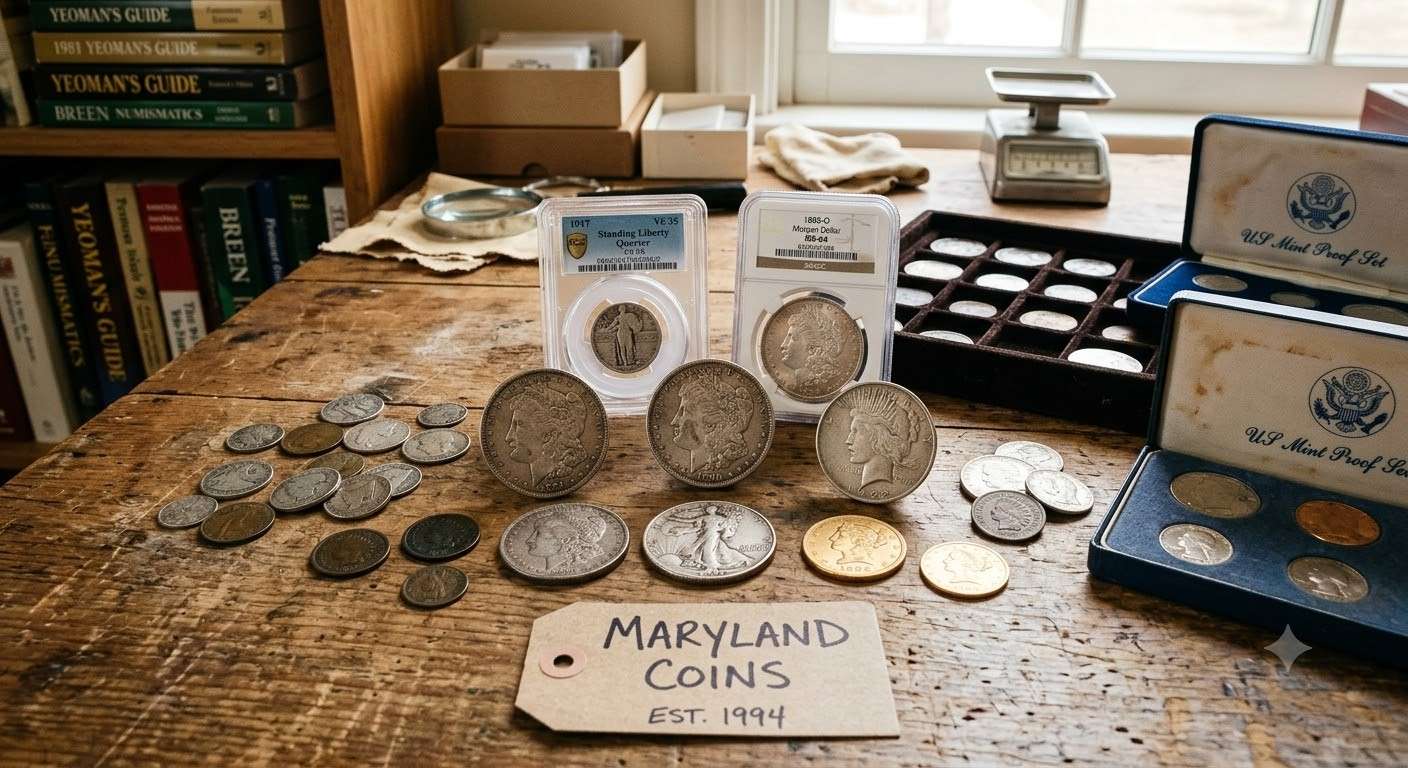 A pile of Morgan and Peace silver dollars