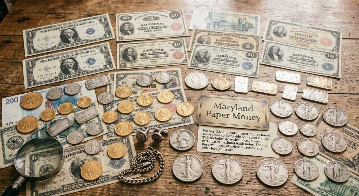 Storage boxes of coins and paper money from an estate collection