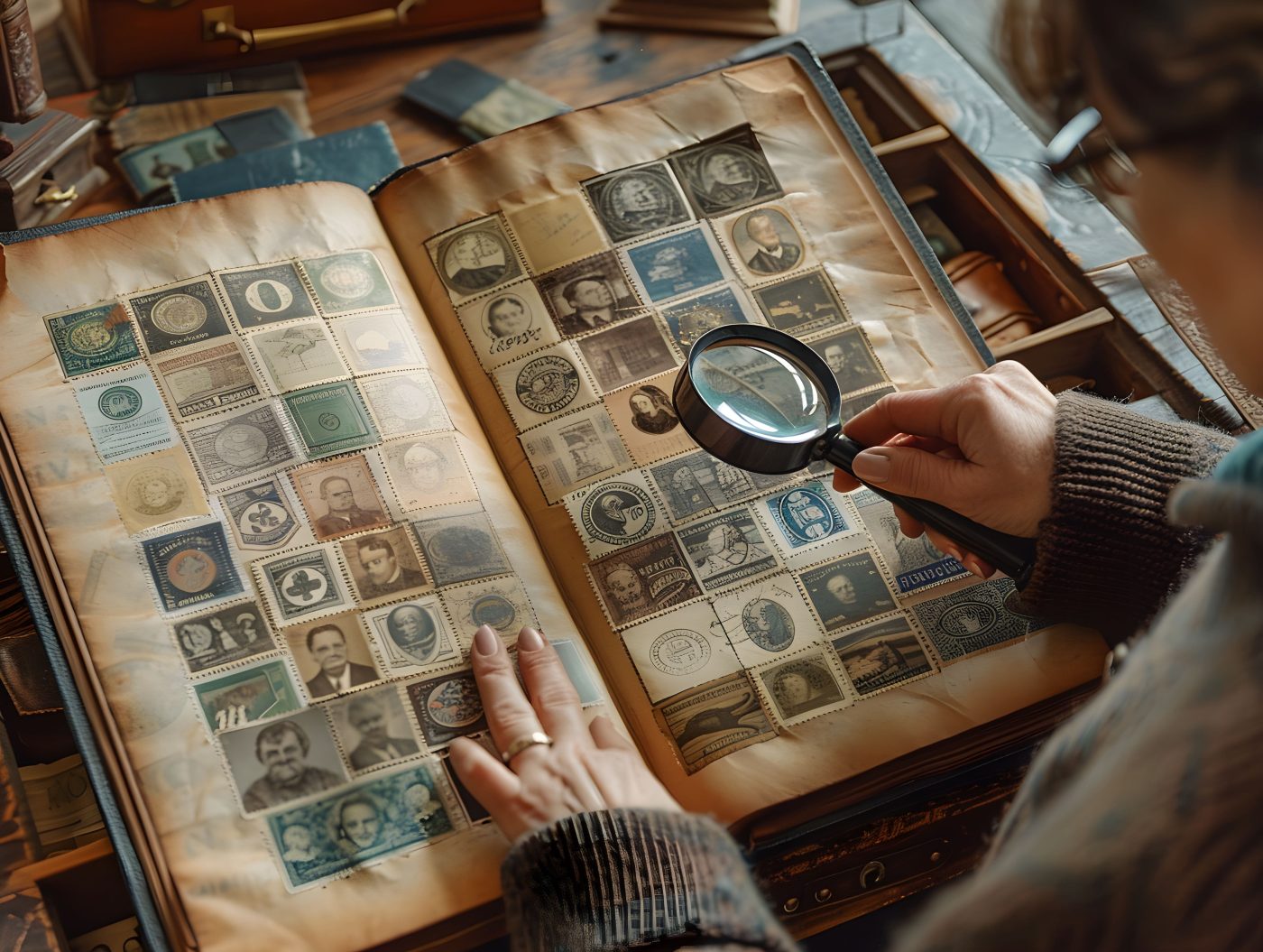 A hand with a magnifying glass examining a vintage stamp album