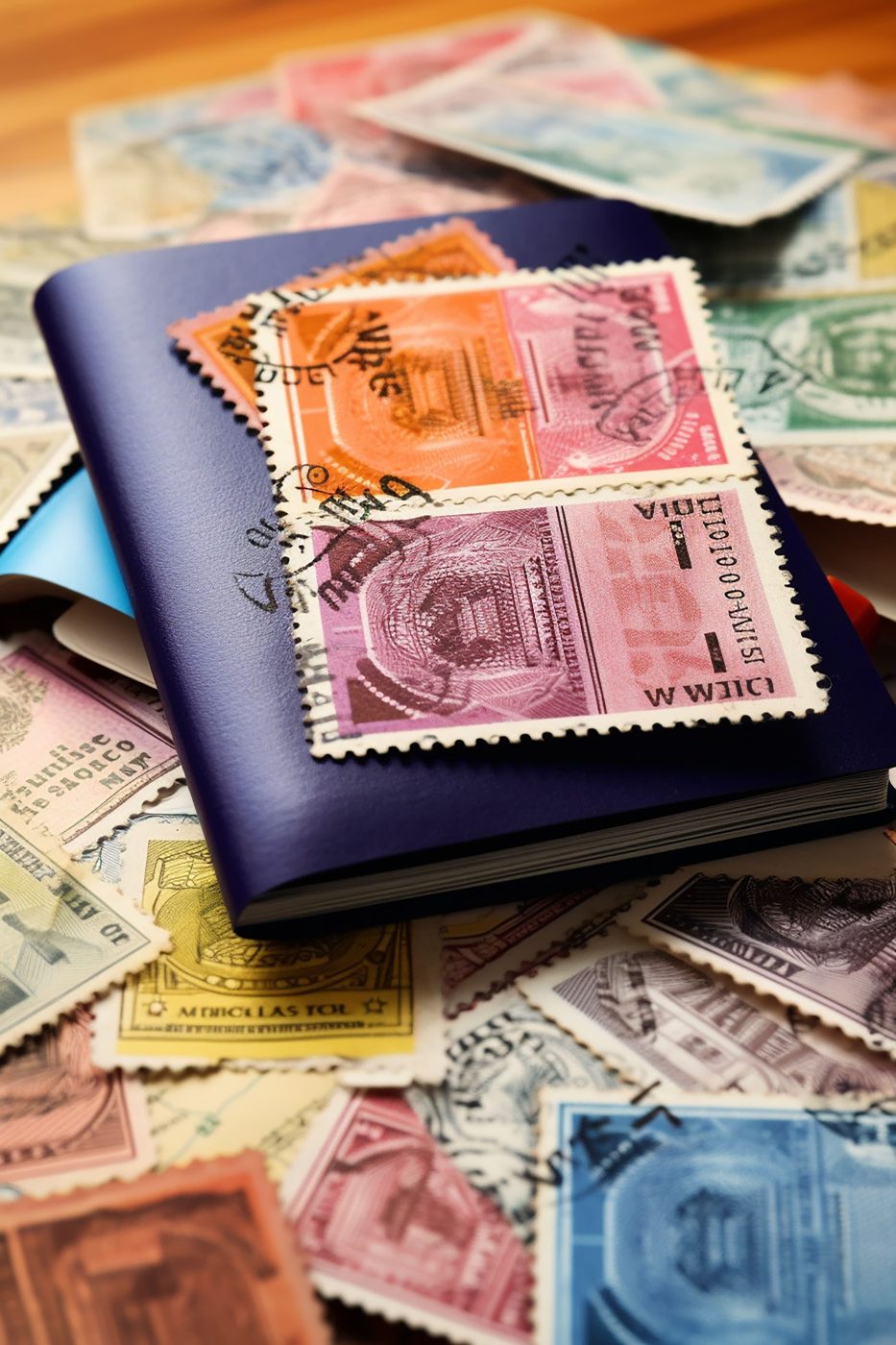 An open passport covered with international stamps