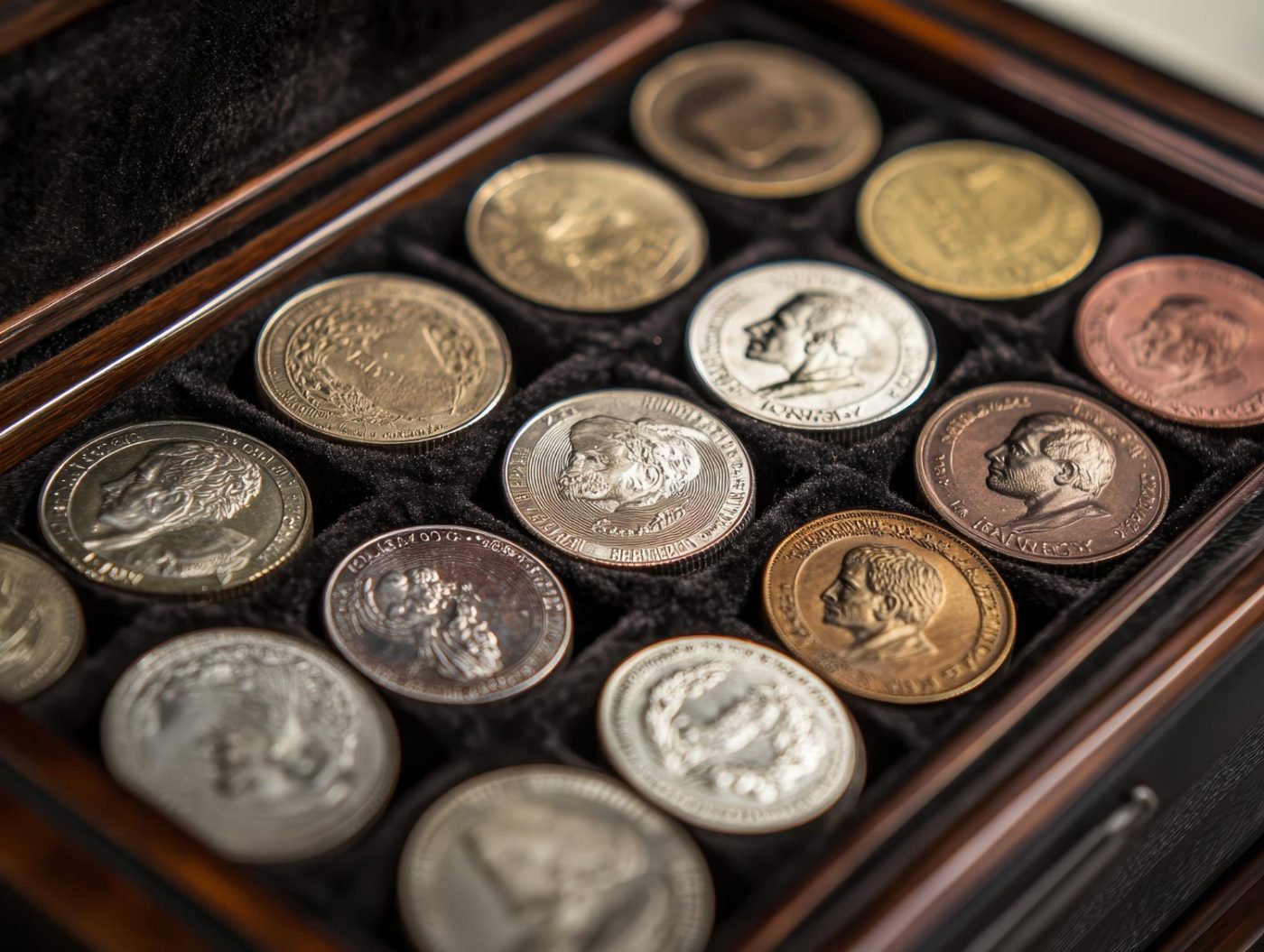 A display case of coins and medals organized in a wooden box