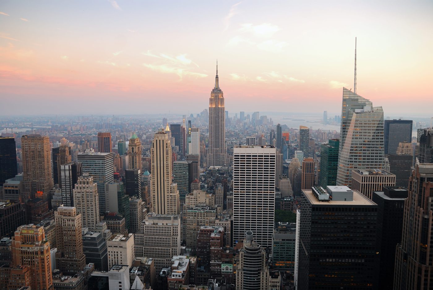 The Manhattan skyline at sunset with the Empire State Building