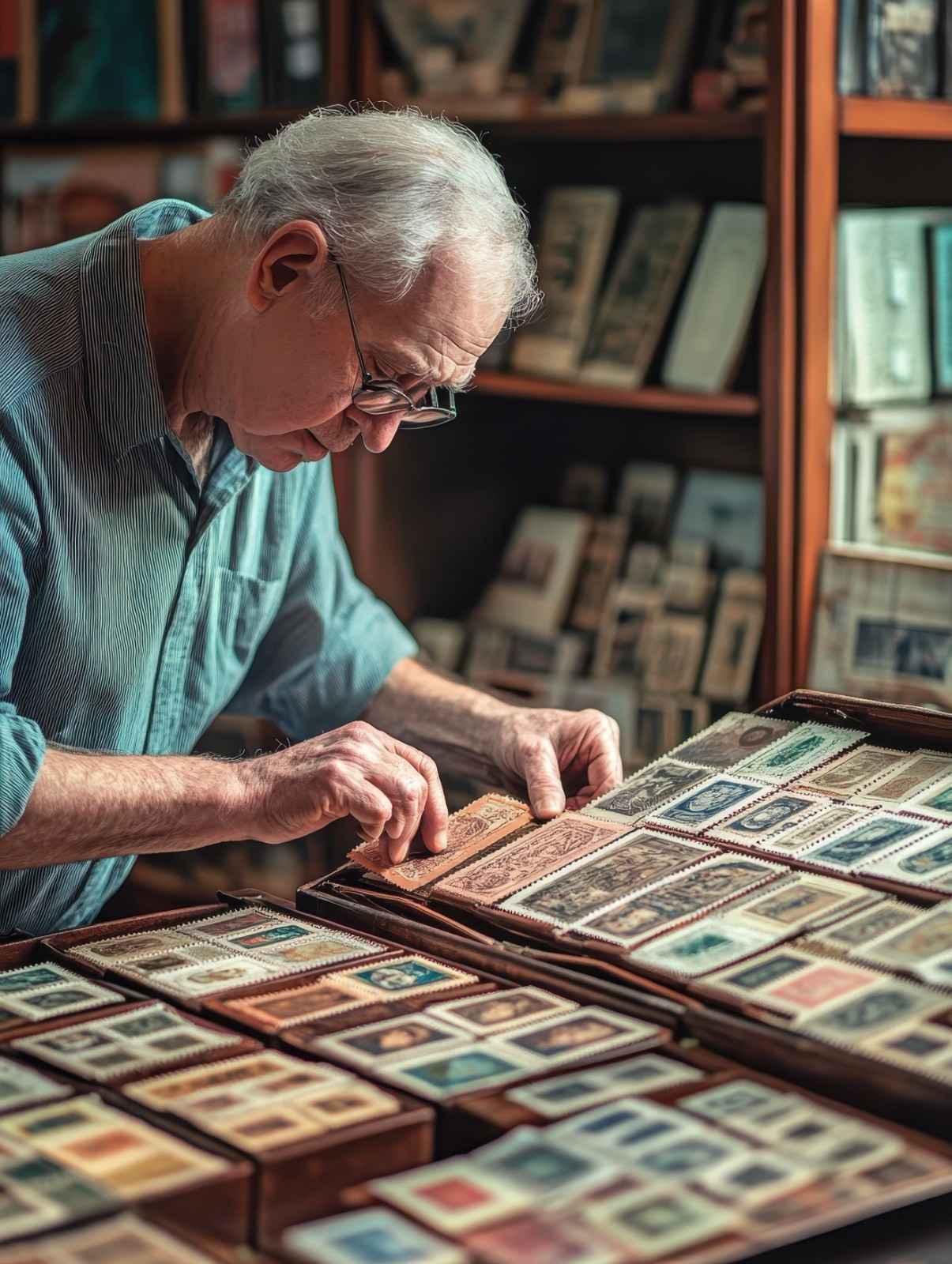 A collector examining coins and albums accumulated over the years