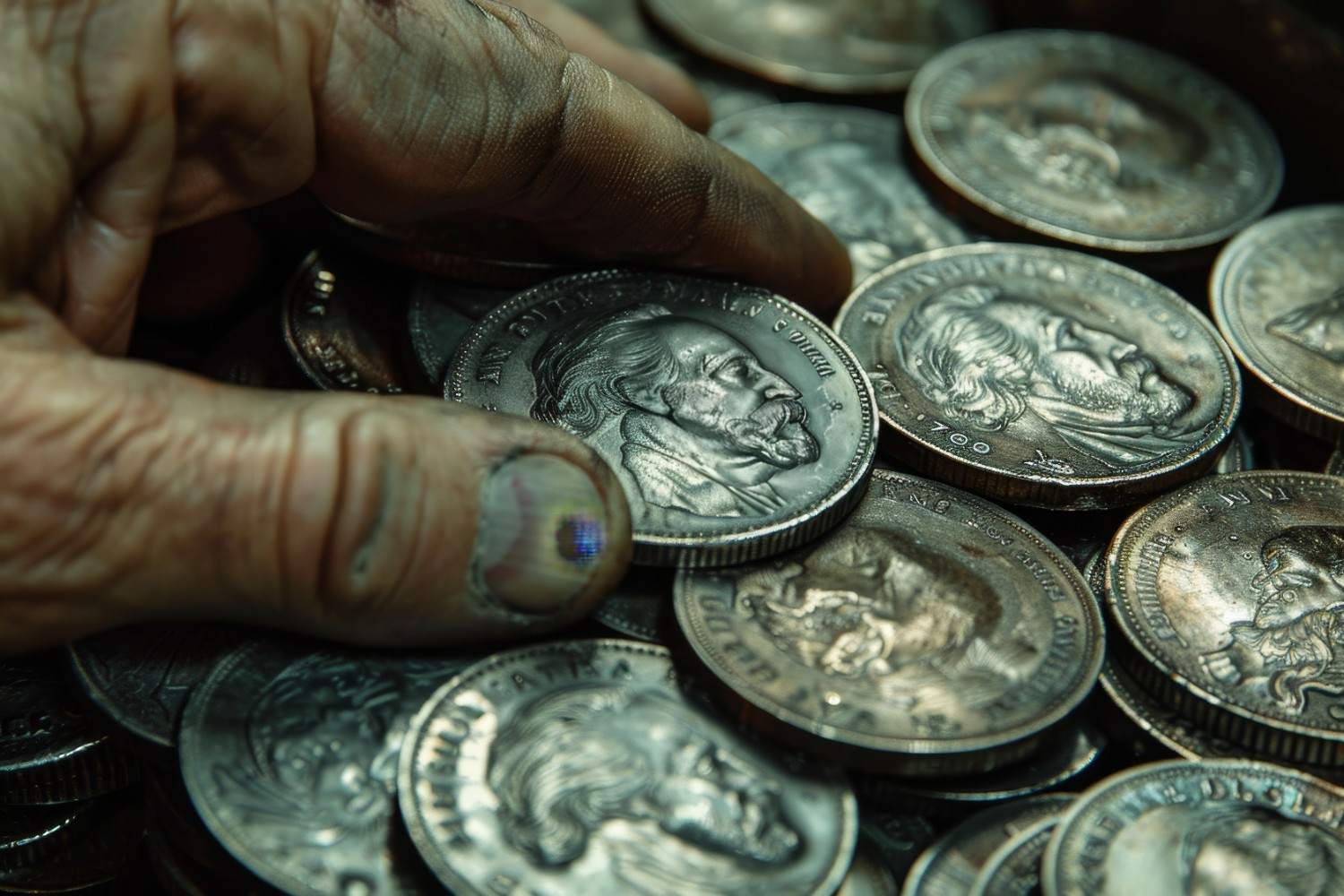 A mixed collection of coins, currency, and stamp albums spread on a table