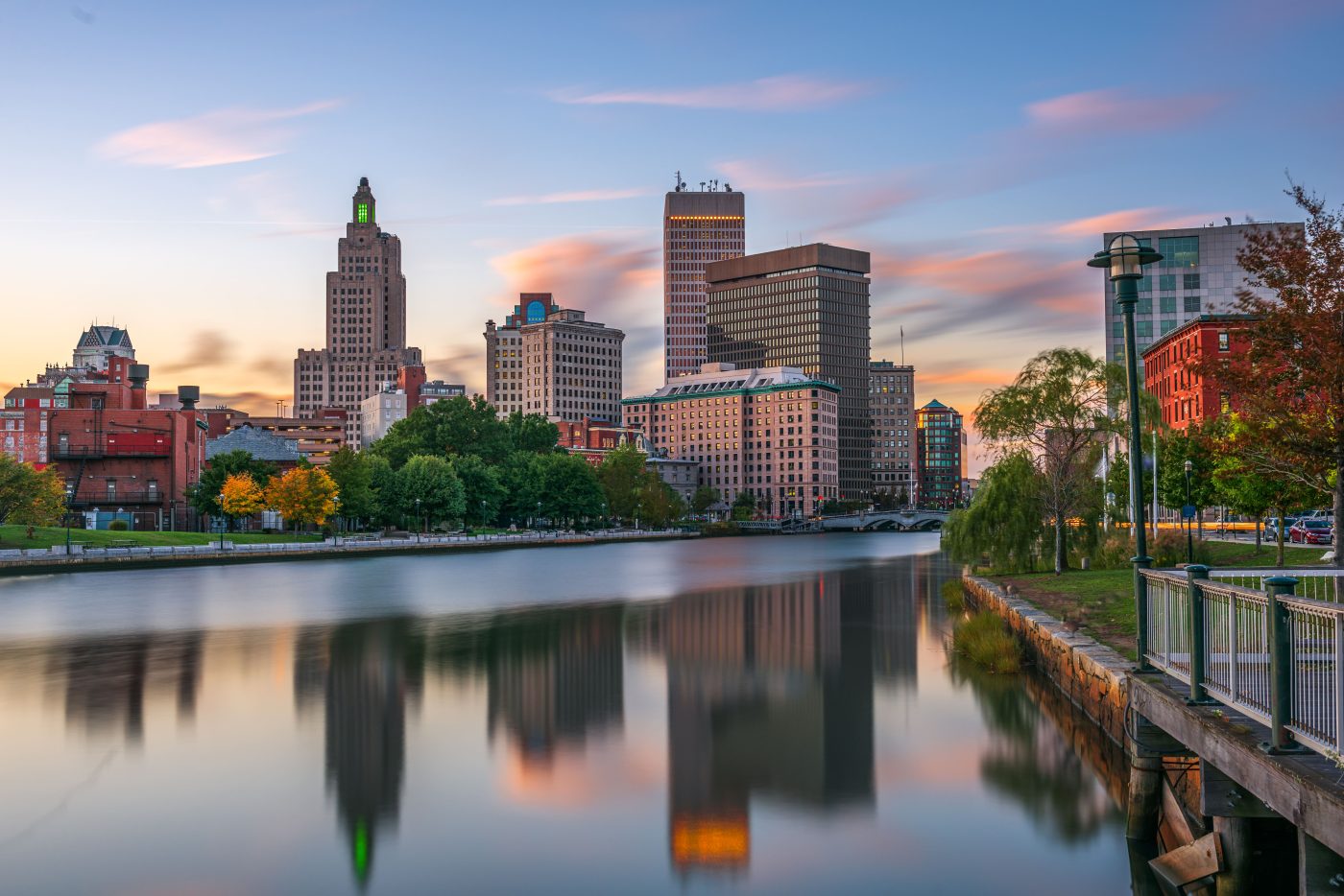 The Providence, Rhode Island skyline reflected in the river at dusk