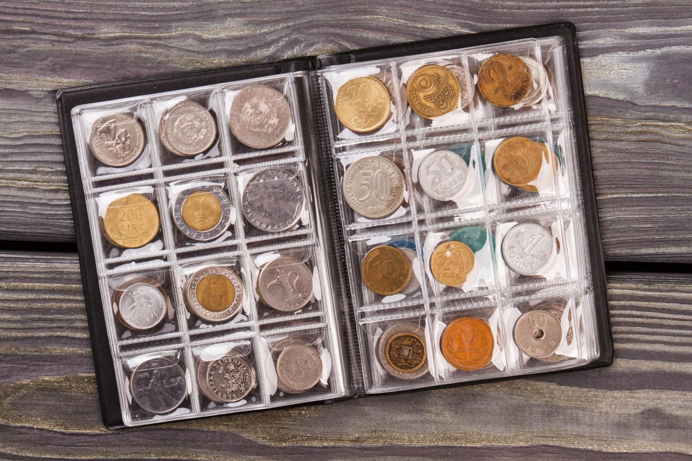 An album of international coins organized in plastic holders