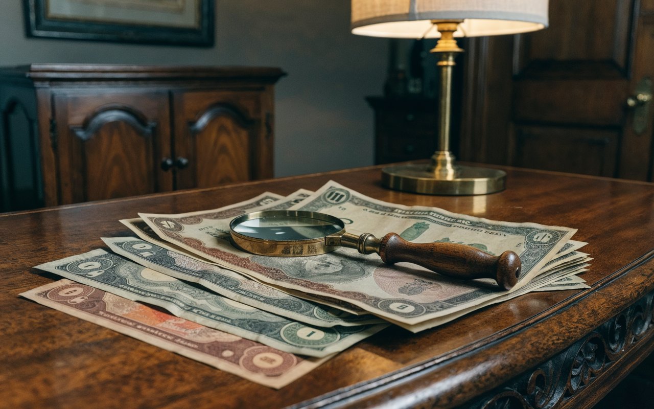 Vintage U.S. paper money and a magnifying glass on a wooden desk beneath a brass lamp