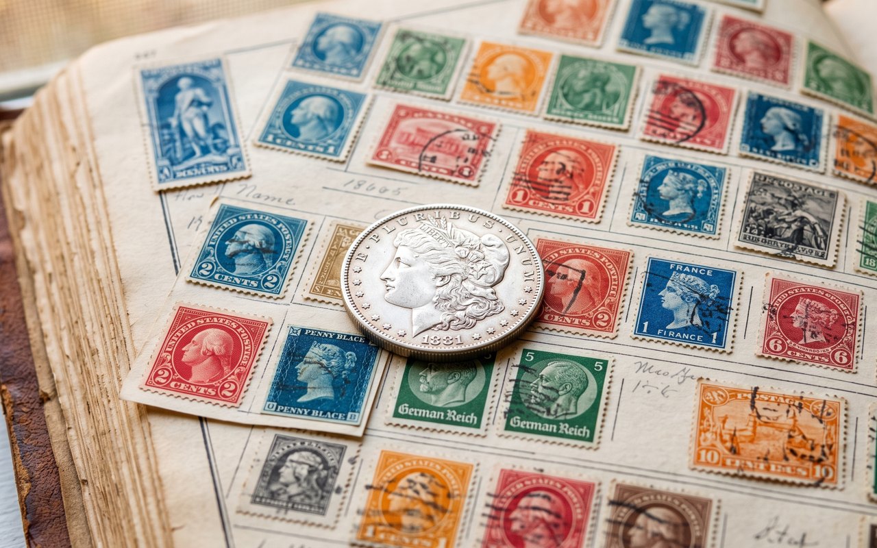 A collector's desk with coin albums and stamp collections