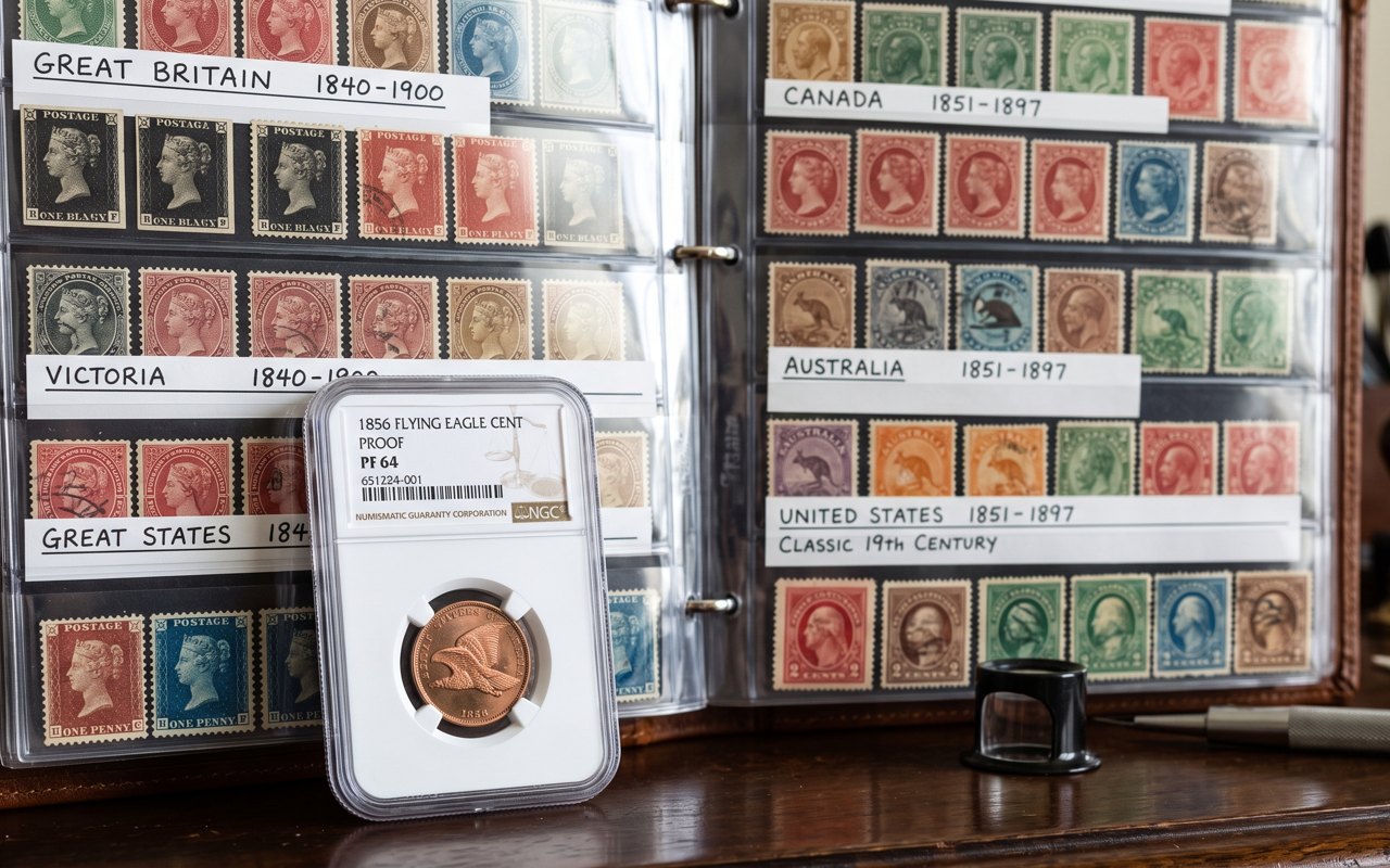 PCGS and NGC certified coin slabs on a collector's desk