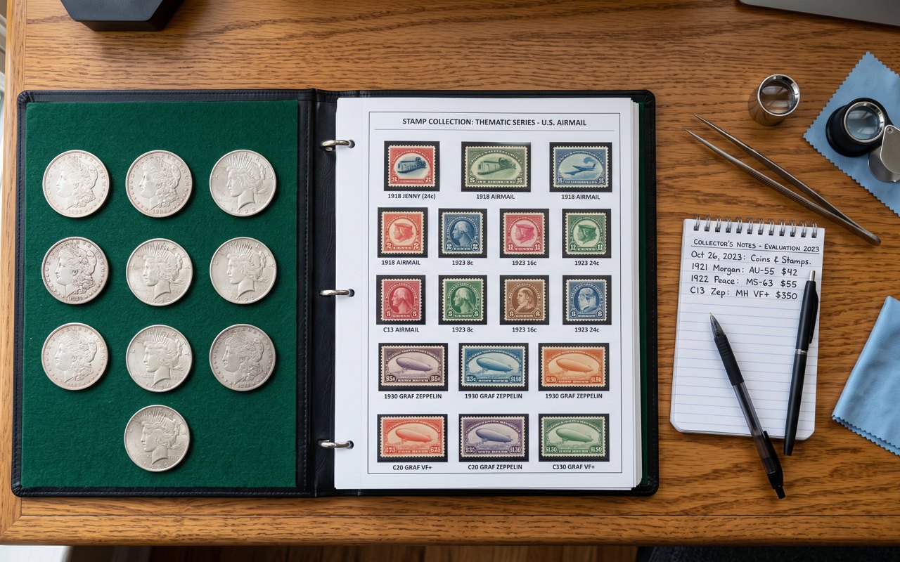 A stamp album, coins, and a magnifying glass laid out on a collector's desk