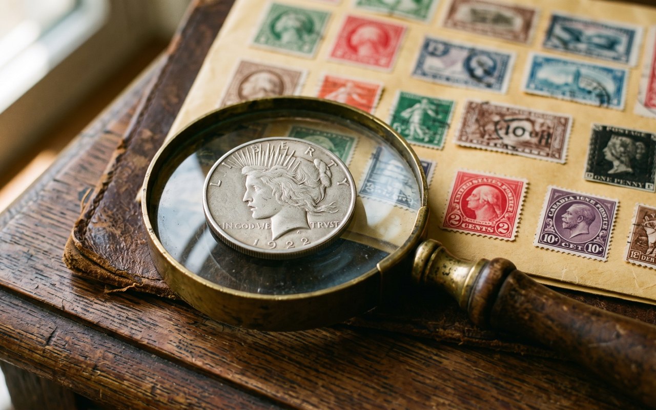 An open stamp album with colorful vintage stamps