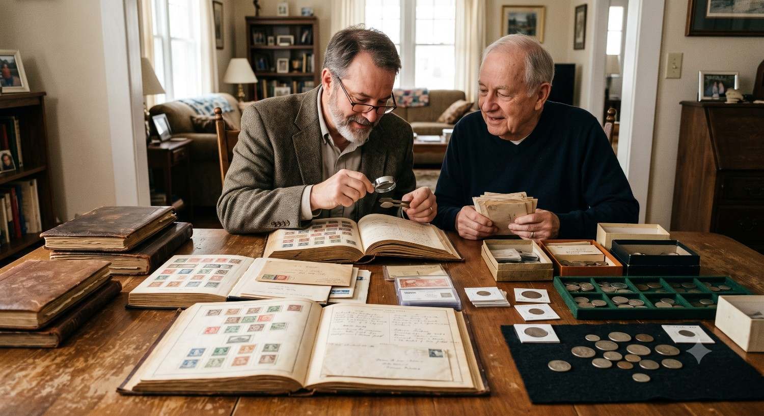 Old dealer envelopes and handwritten notes alongside a coin collection