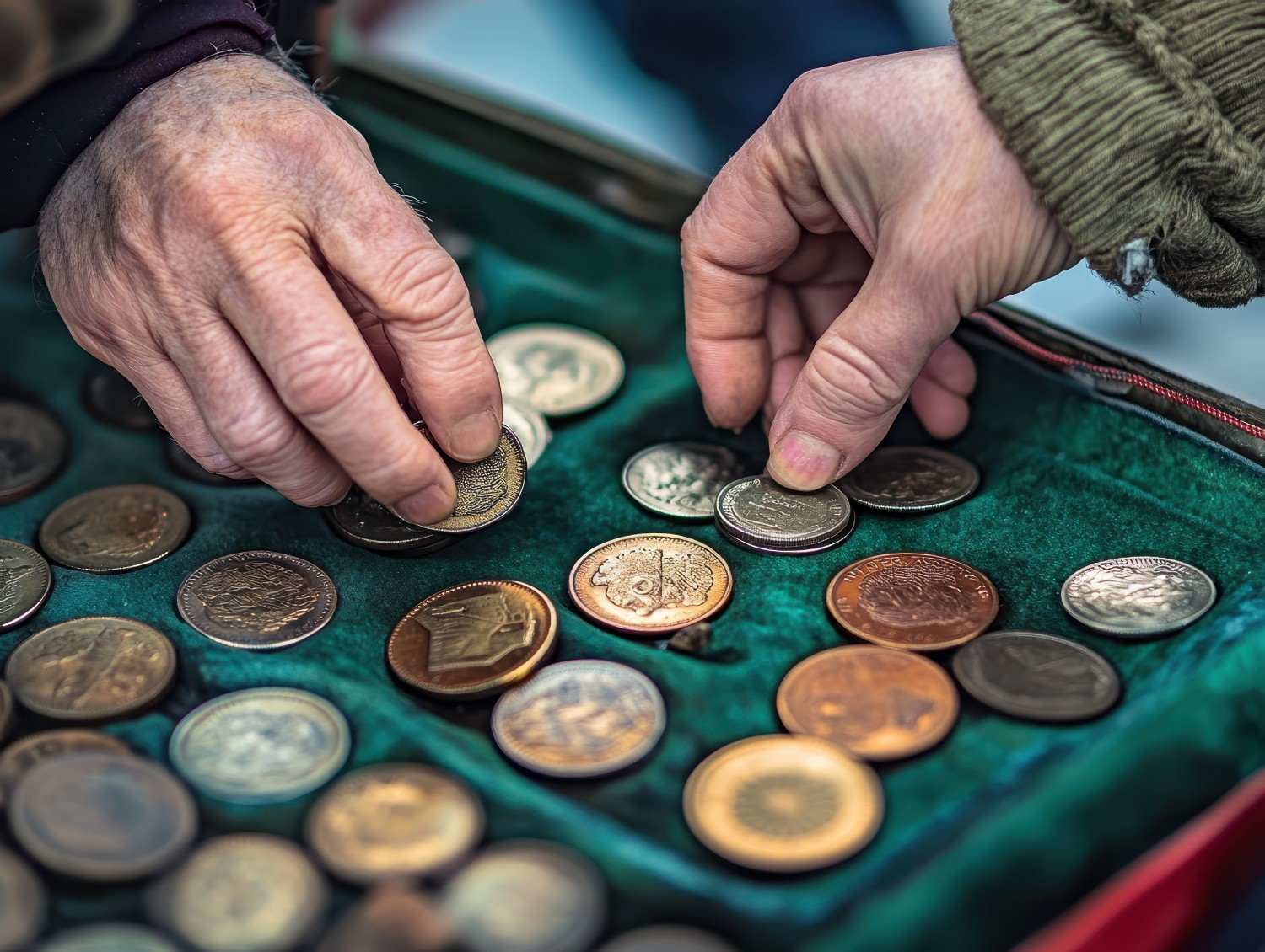 A close-up of Lincoln cents and Buffalo nickels