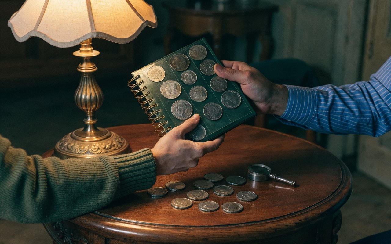 A collector handing a coin album to another collector across a wooden table