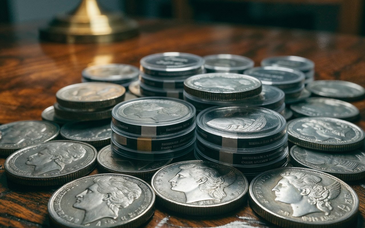 Silver dollars and coins in protective capsules on a wooden table