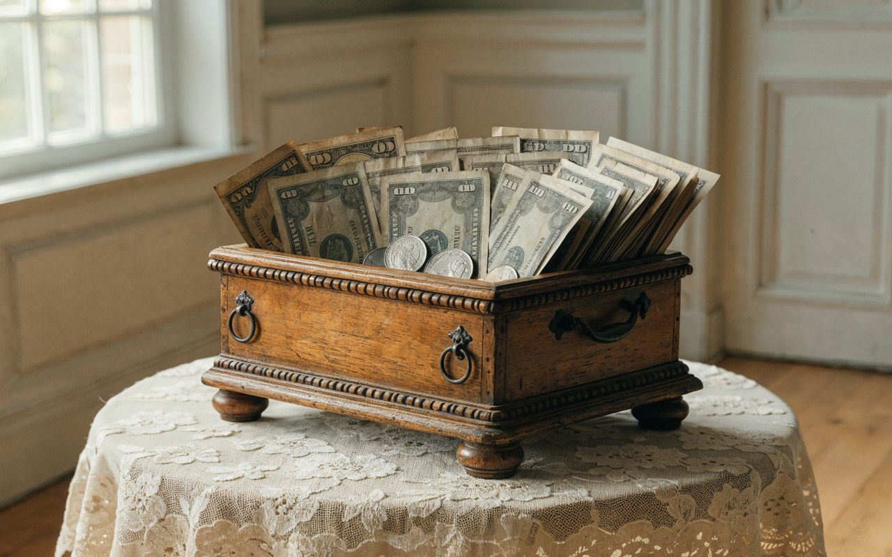An antique wooden box filled with vintage paper money and coins on a lace-covered table