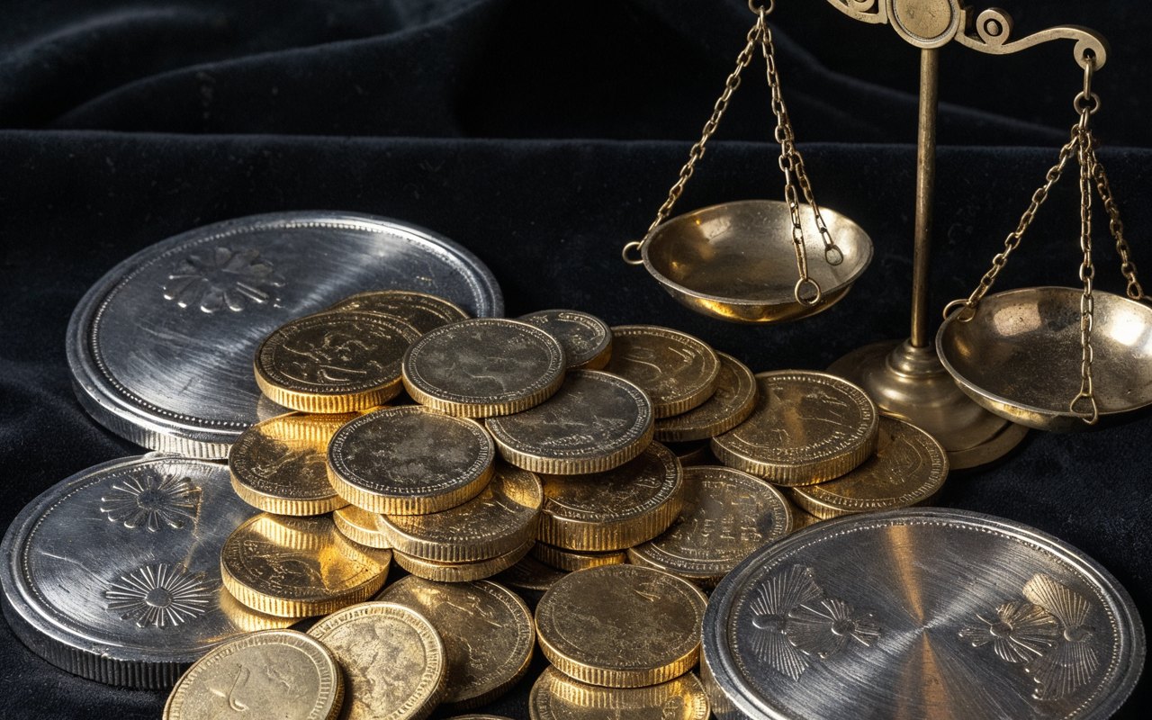 Gold and silver coins piled beside a brass balance scale