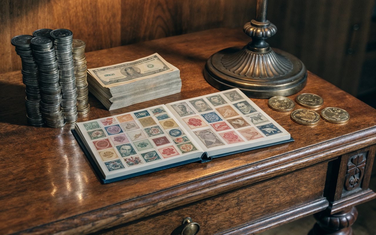Stacks of silver coins, a bundle of paper money, and an open stamp album on an antique wooden desk